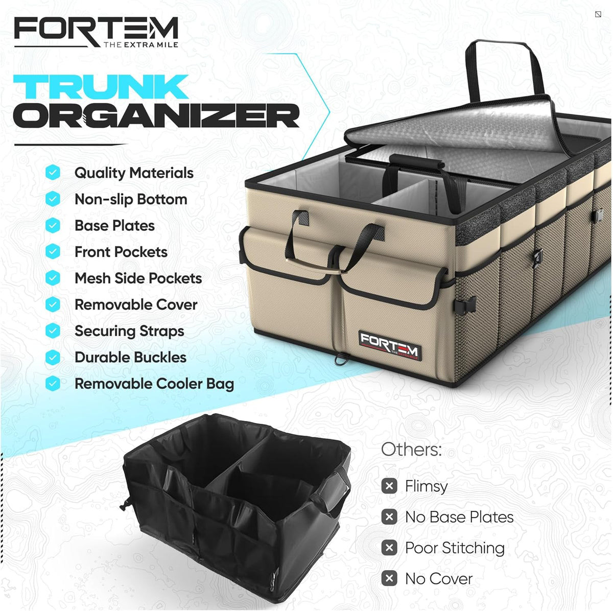 FORTEM Car Trunk Organizer, Collapsible Multi Compartment Car Organizer, Foldable SUV Storage for Car Accessories for Women Men, Non Slip Bottom, Securing Straps, Soft Cover 50L (Black, Standard) - PuriLite