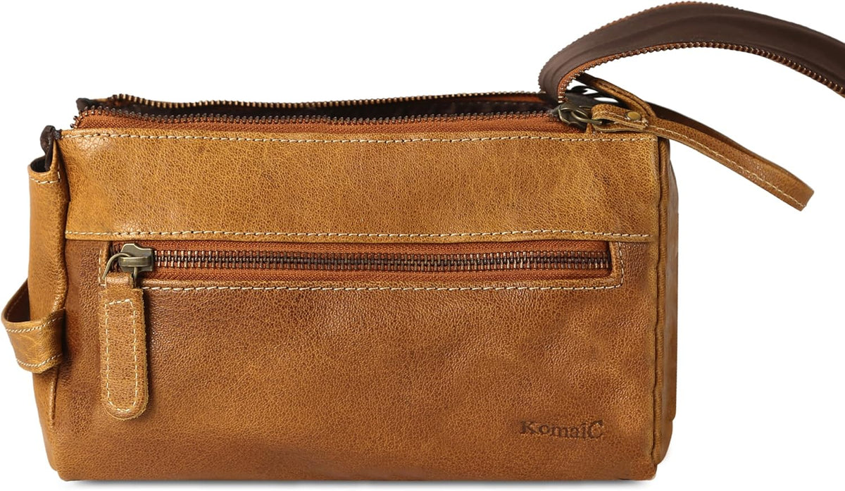 Premium Buffalo Leather Unisex Toiletry Bag Travel Dopp Kit Shaving kit (Distressed Tan) - PuriLite