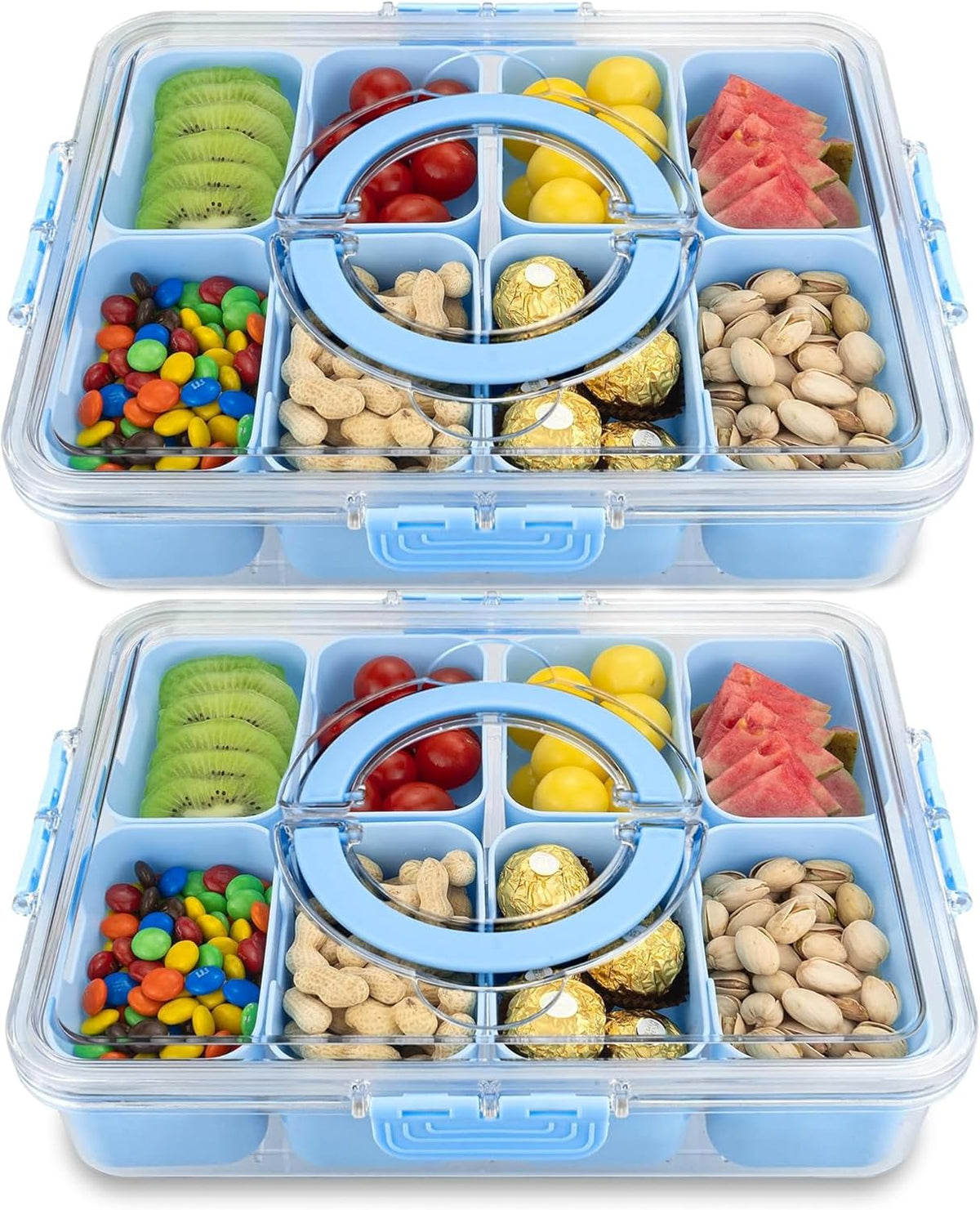 KIGITIONE Snackle Box, Pink 8 Compartments Portable Serving Tray, Divided Snackle Box Container with Lid and Handle, Snack Organizer for Fruits, Snacks, Nuts, Candy, Ideal for Party, Travel & Picnics - PuriLite