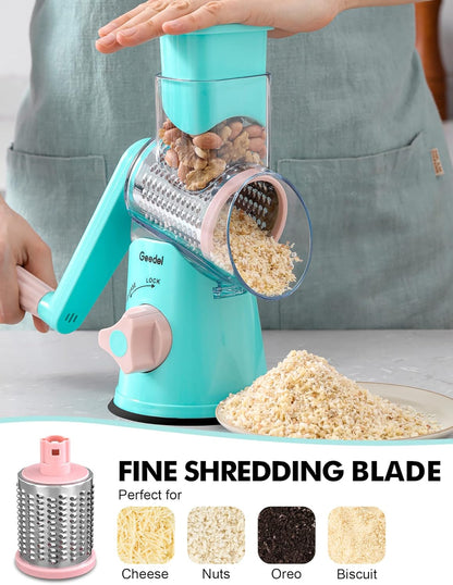 Geedel Kitchen Cheese Grater, Rotary Mandoline Vegetable Slicer with Interchangeable Blades, Easy to Use Rotary Grater Slicer for Fruit, Vegetables, Nuts - PuriLite