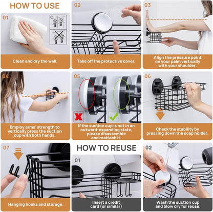 LEVERLOC Shower Caddy Suction Cup, 2 Pack Black Shower Shelf with Hooks and Soap Holder, NO-Drilling Bathroom Organizer, Rustproof Metal Bathroom Storage and Organization - PuriLite