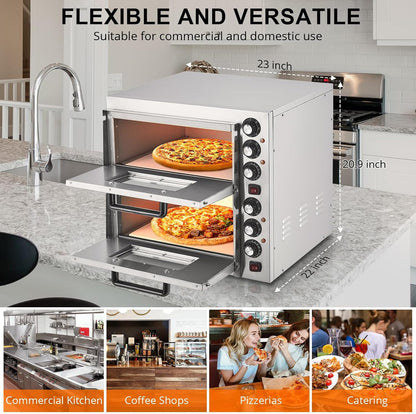 Commercial Pizza Oven Countertop, 3600W Stainless Steel Electric Pizza Oven, Indoor Pizza Maker with Timer/Pizza Stones, Double Deck Layer Pizza Cooker for Restaurant Home, Silver
