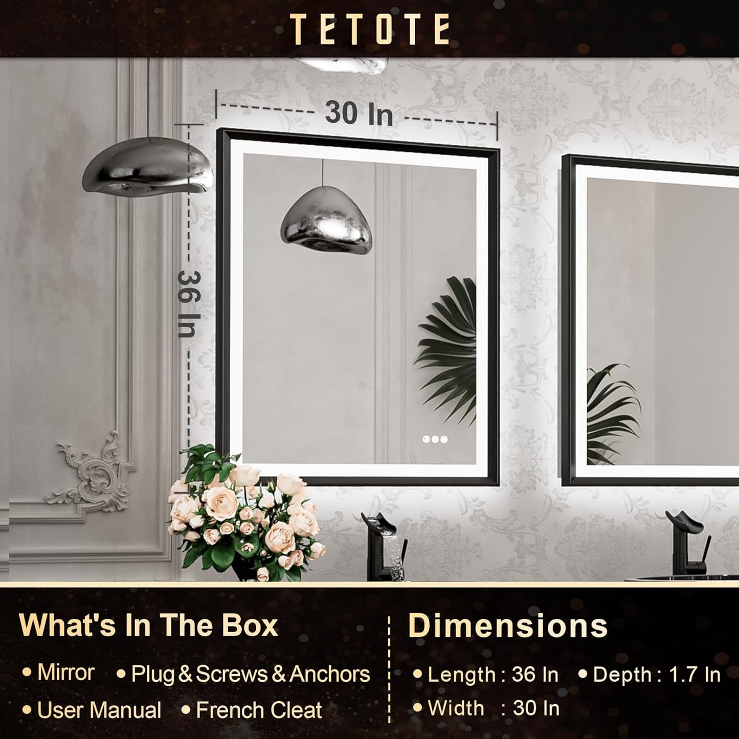 TETOTE 28x36 LED Mirror for Bathroom Black Metal Frame Frontlit & Backlit Lighted Vanity Mirror Baroque Gothic Anti Fog Stepless Dimmable White/Warm/Natural,Wall Mounted(Horizontal/Vertical) - PuriLite