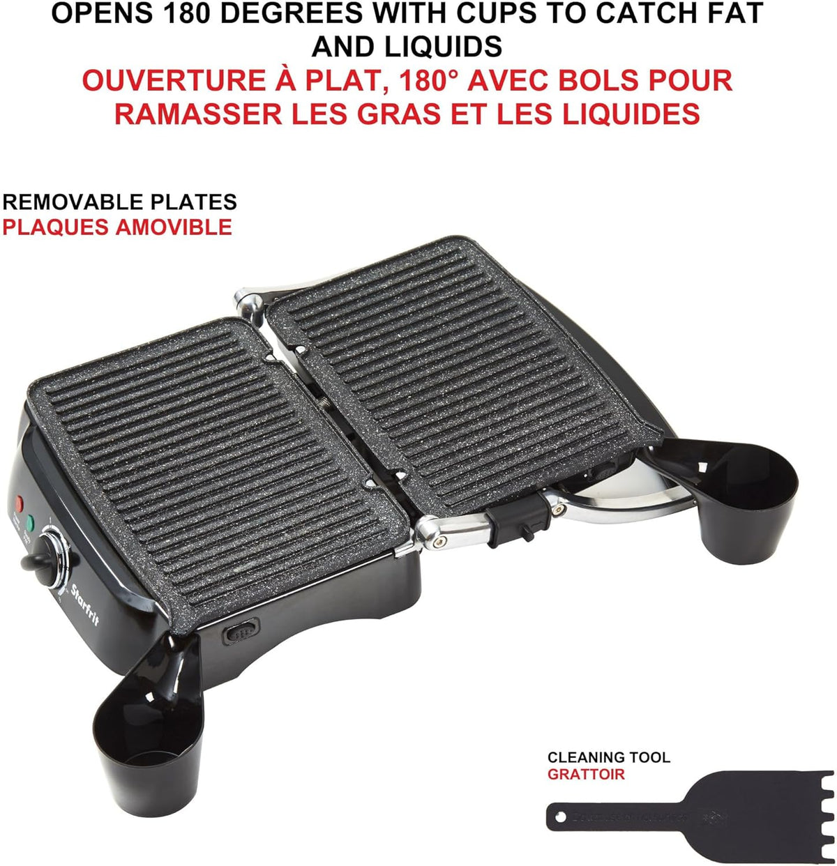 Starfrit The Rock Panini Press - Rock.Tec Non-Stick Reversible Plate - Opens 180 Degrees - Adjustable Temperate Control - PuriLite