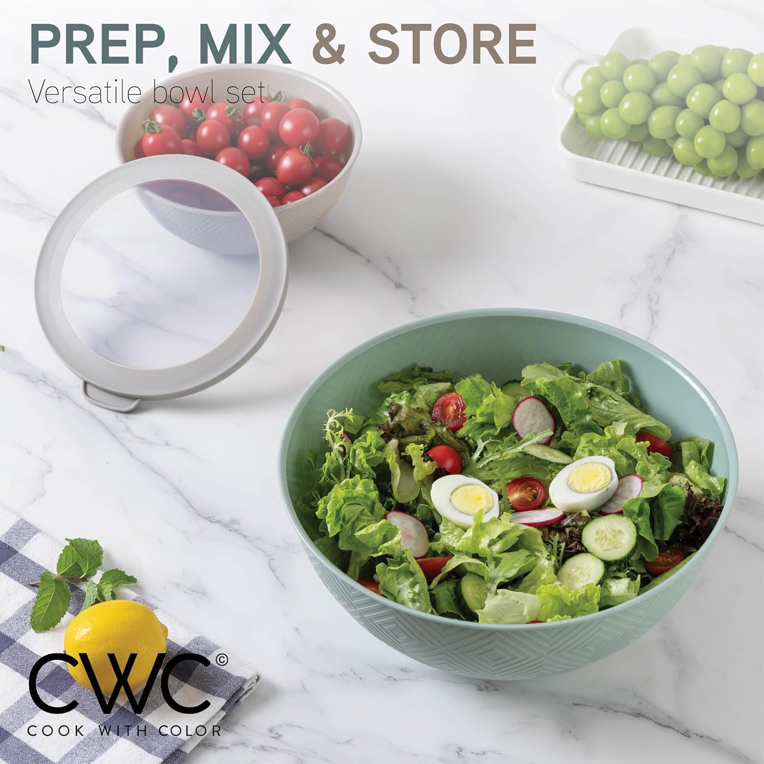 COOK WITH COLOR Mixing Bowls with TPR Lids - 12 Piece Plastic Nesting Bowls Set Includes 6 Prep Bowls and 6 Lids, Microwave Safe Mixing Bowl Set (Mint) - PuriLite