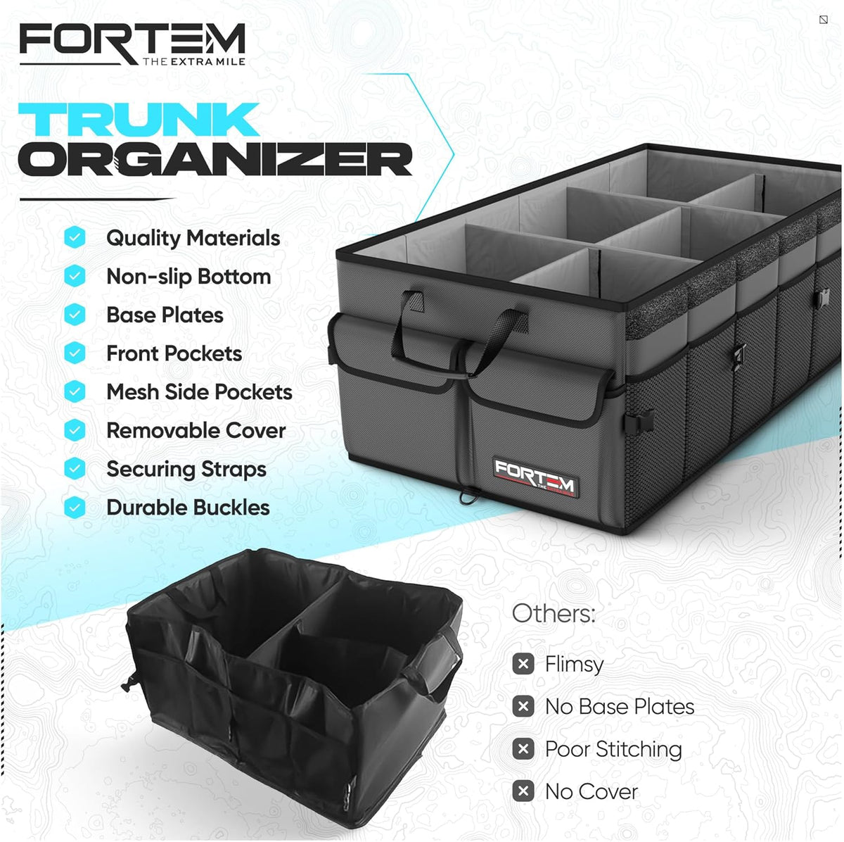 FORTEM Car Trunk Organizer, Collapsible Multi Compartment Car Organizer, Foldable SUV Storage for Car Accessories for Women Men, Non Slip Bottom, Securing Straps, Soft Cover 50L (Black, Standard) - PuriLite