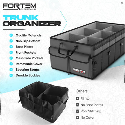 FORTEM Car Trunk Organizer, Collapsible Multi Compartment Car Organizer, Foldable SUV Storage for Car Accessories for Women Men, Non Slip Bottom, Securing Straps, Soft Cover 50L (Black, Standard) - PuriLite