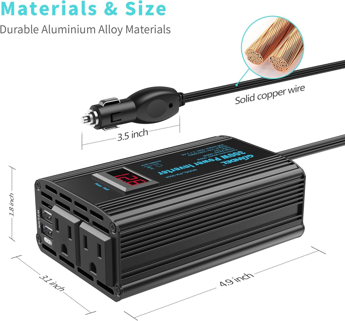 300W Power Inverter DC 12V to AC 120V Car Power Converter Adapter with 2x2.4A USB Ports and LED Display Dual AC Outlets【3YRS Warranty】 Black - PuriLite