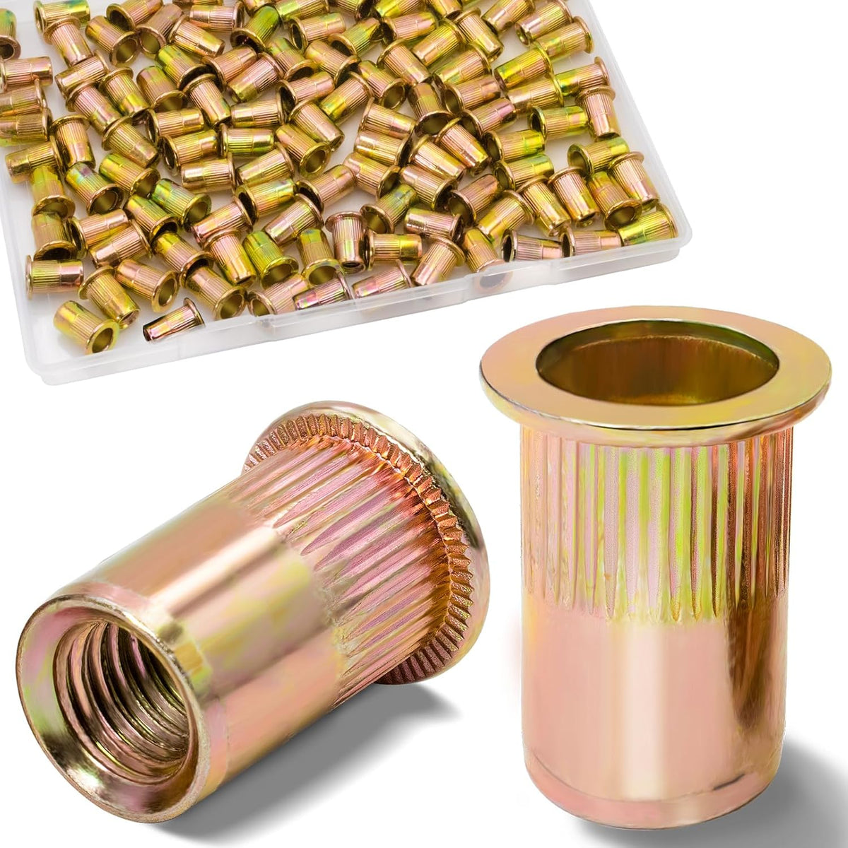 Vifmy Metric & SAE Rivet Nut Assortment Kit(420 Pcs),m3 m4 m5 m6 m8 m10 m12#6-32#8-32#10-24 1/4"-20 5/16"-18 3/8"-16 UNC Flat Head Rivnut Set,Zinc Plated Finish Carbon Steel Nutsert - PuriLite