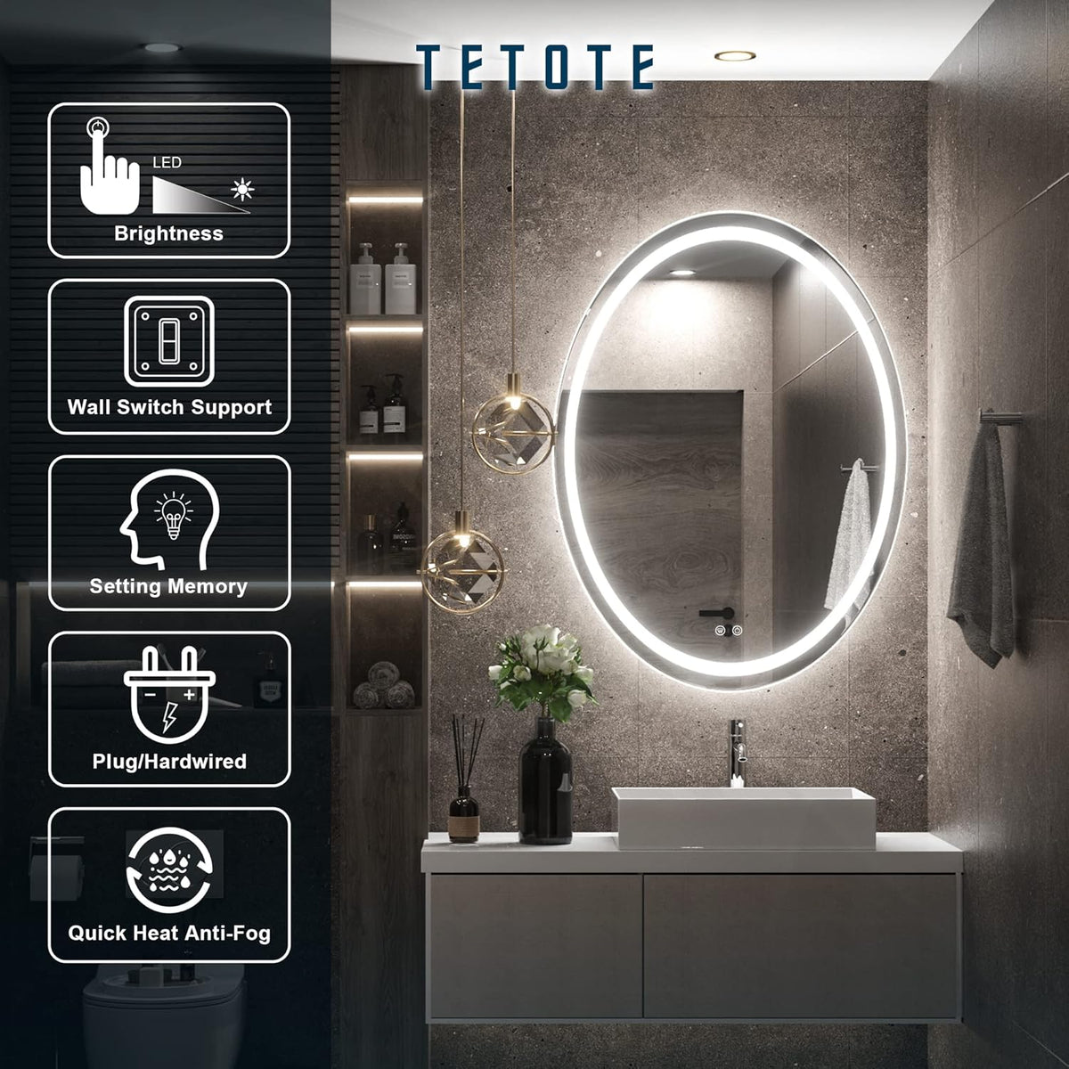 TETOTE 28 Inch Round LED Bathroom Vanity Mirror, Anti-Fog Dimmable Lights IP54 Waterproof Circle Makeup Wall Mounted Mirror - PuriLite