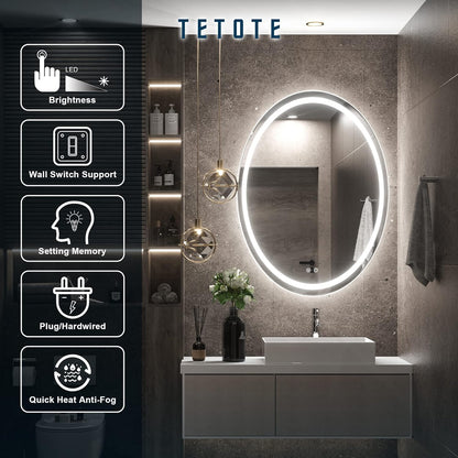 TETOTE 28 Inch Round LED Bathroom Vanity Mirror, Anti-Fog Dimmable Lights IP54 Waterproof Circle Makeup Wall Mounted Mirror - PuriLite