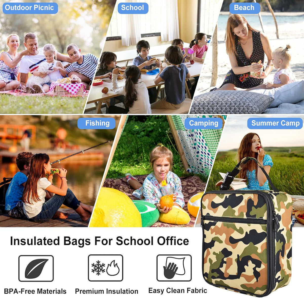 Insulated Lunch Bag, Leakproof Portable Lunch Box for Women Men Boys Girls, Large Capacity Cooler Bag with Handle and Bottle Pocket for Office School Camping Hiking Outdoor Beach Picnic (Black) - PuriLite