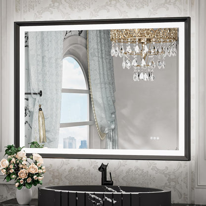 TETOTE 28x36 LED Mirror for Bathroom Black Metal Frame Frontlit & Backlit Lighted Vanity Mirror Baroque Gothic Anti Fog Stepless Dimmable White/Warm/Natural,Wall Mounted(Horizontal/Vertical) - PuriLite