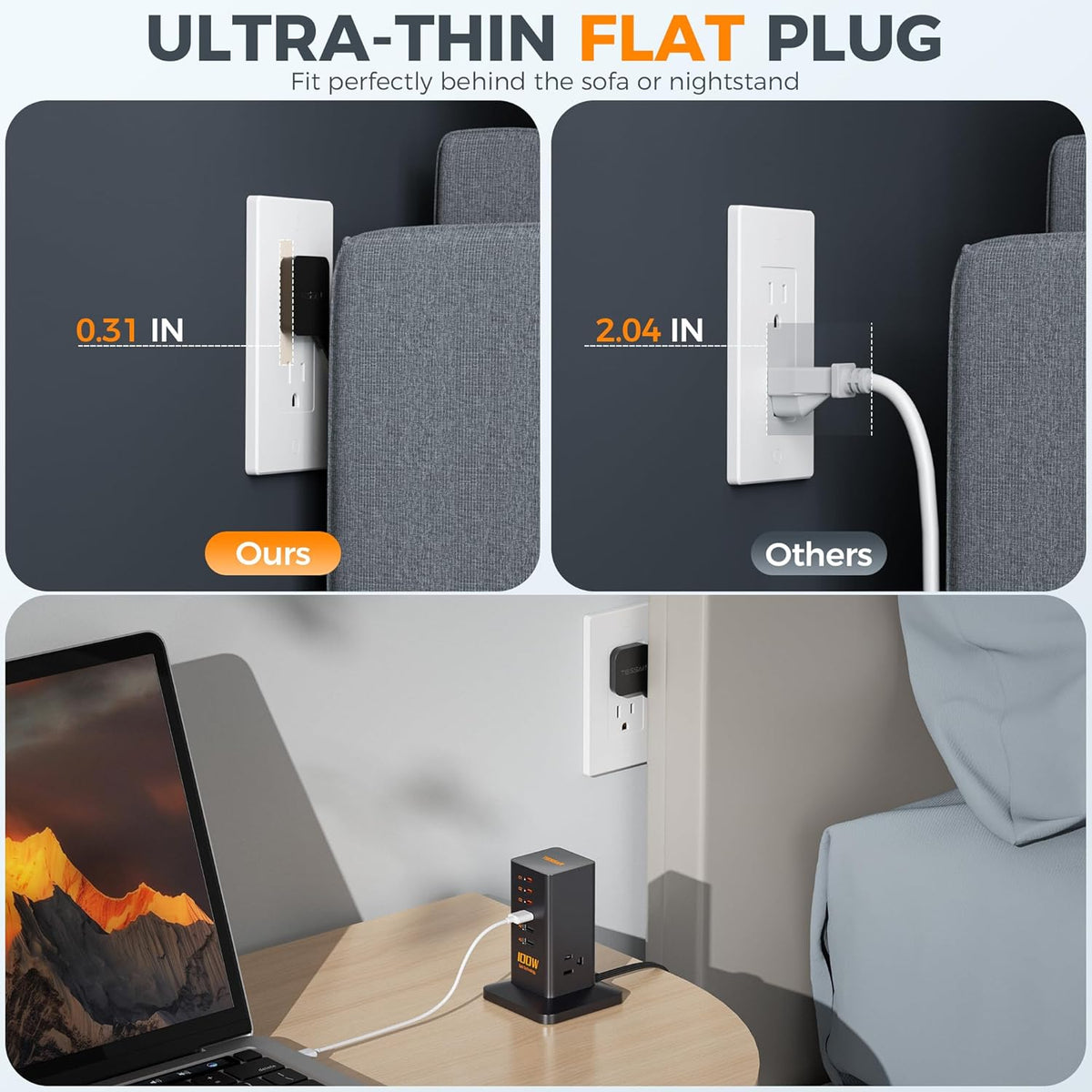 Charging Station, TESSAN 65W Max GaN USB C Charger Block, 6-Ports and 3 AC Outlets Power Tower, Fast Charging for Multiple Devices, Compatible with iPhone, Samsung and More - PuriLite