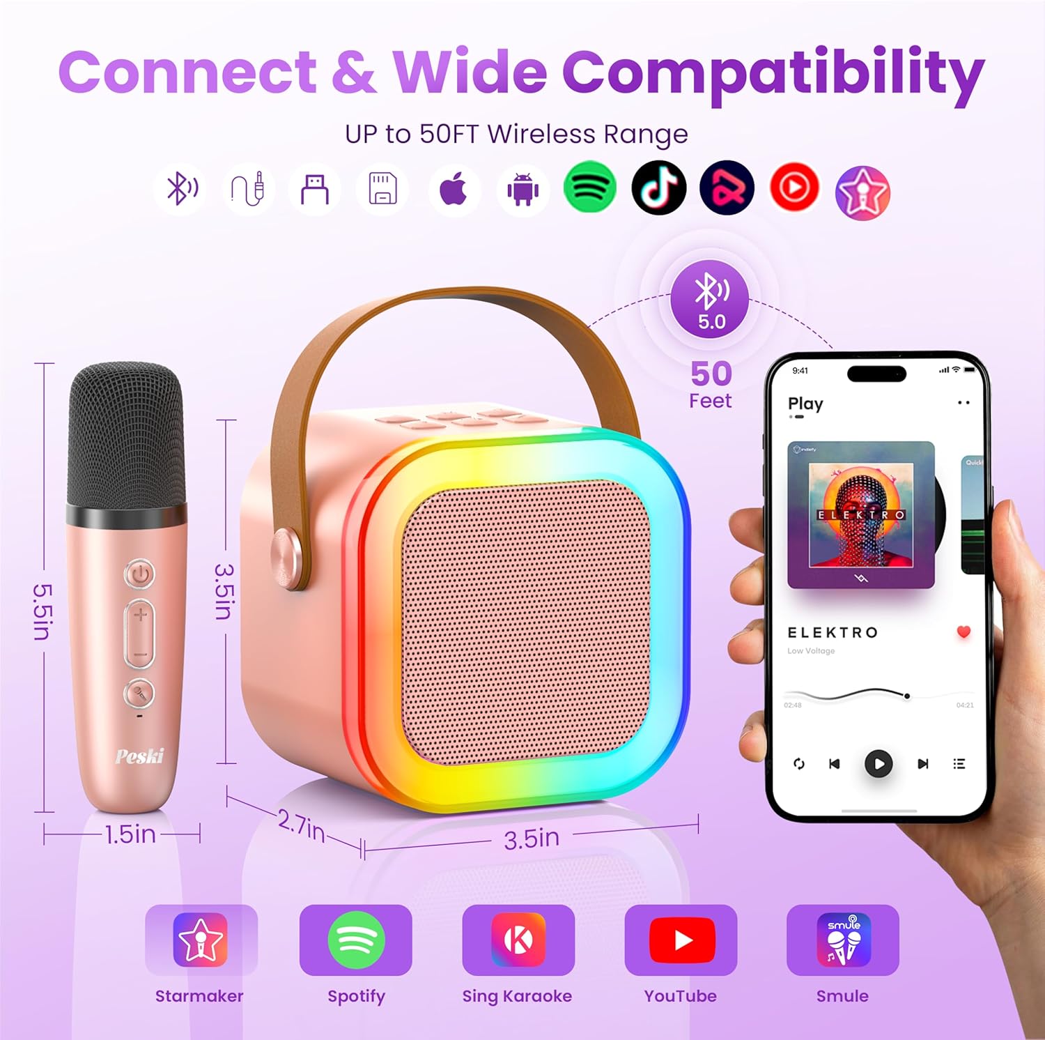 Karaoke Machine for Kids Adults, Portable Bluetooth Mini Karaoke Microphone Singing Speaker Karaoke Player with 2 Wireless Mic Toys for All Smartphones,Birthday, Family,Home Party (Purple) - PuriLite