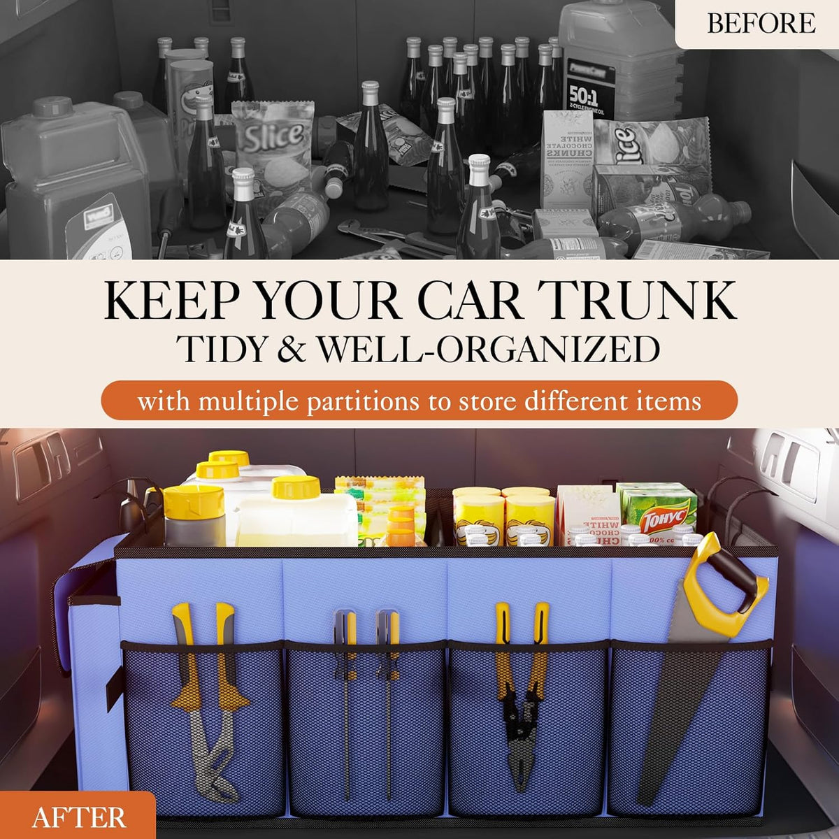 HOTOR Trunk Organizer - Car Organizer, Foldable Trunk organizer for SUVs & Sedans, Car Accessories, Tools, Sundries, 2 Compartments, Black - PuriLite