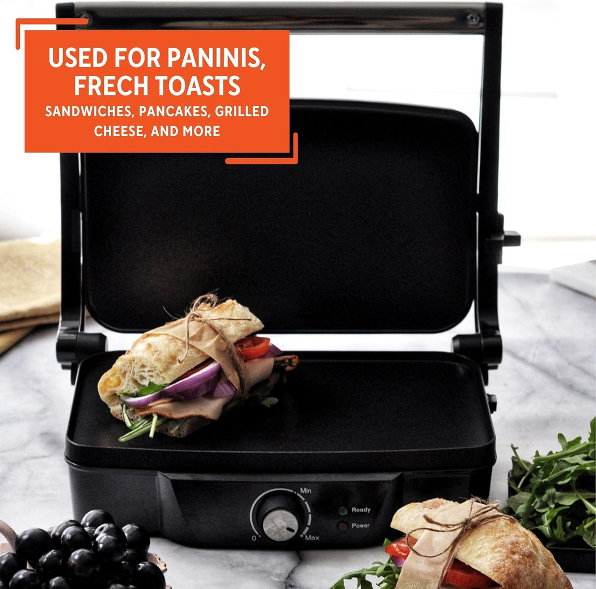 IMUSA Stainless Steel Panini Press Electric with Adjustable Temperature Settings and Nonstick Plates, 1200W - PuriLite