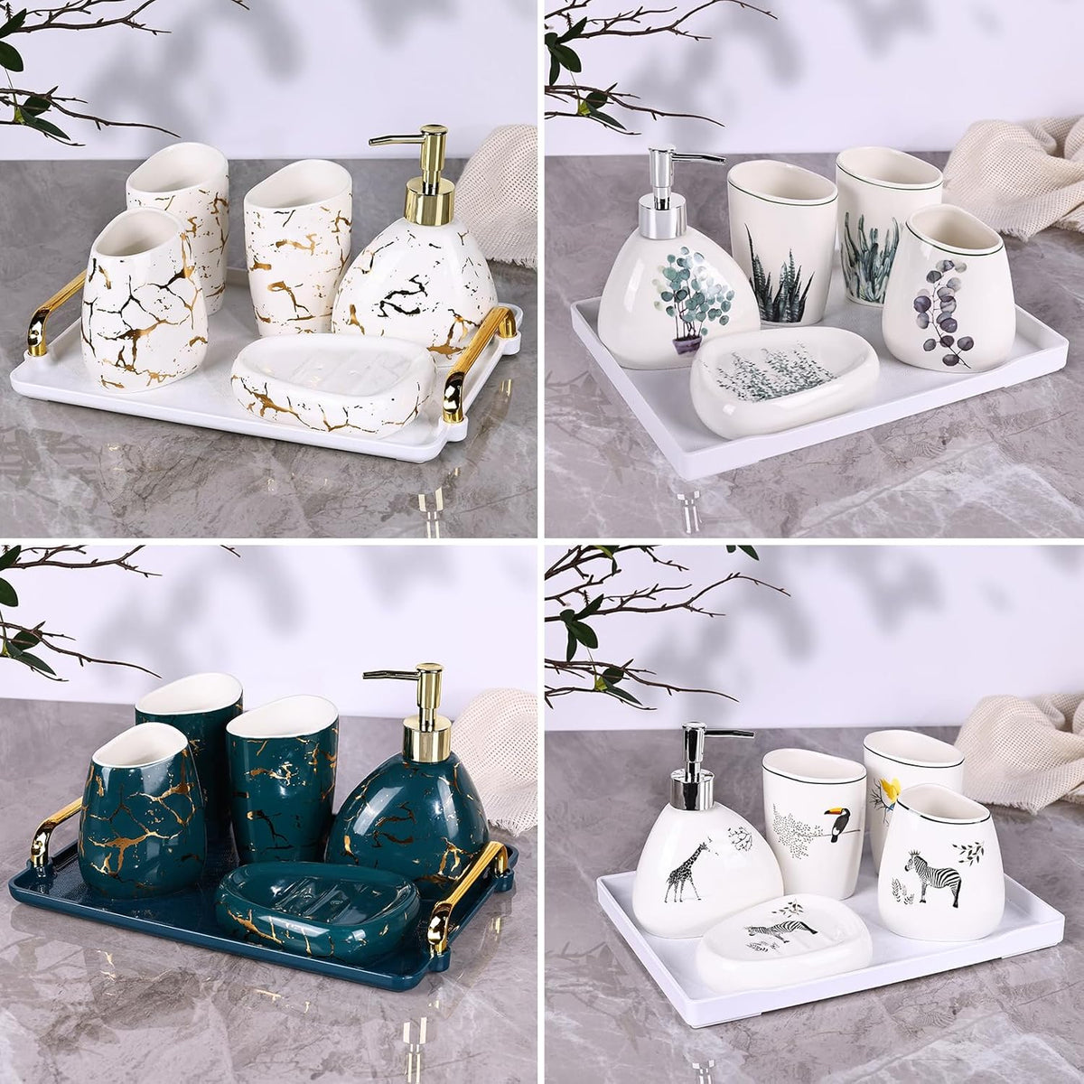 White Bathroom Accessories Set,Modern Countertop Bathroom Decor,Luxury 6 Piece Bathroom Accessory Set,Complete with Soap Dispenser,Toothbrush Holder,Tumbler,Tray - PuriLite