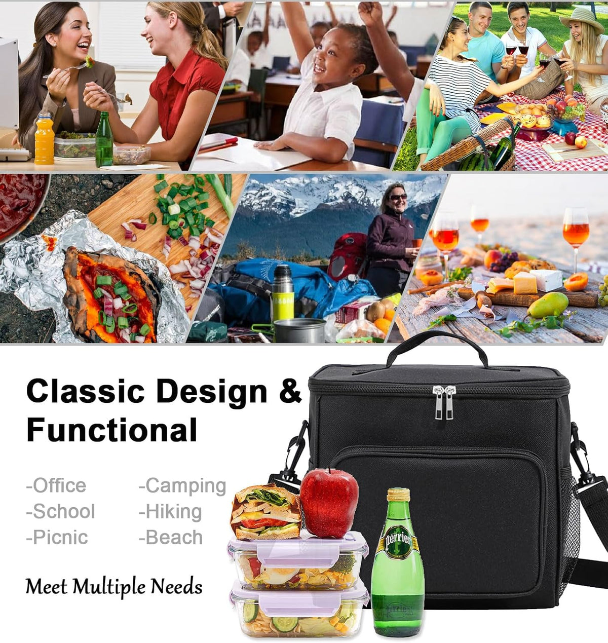 Lunch Bag for Adult Men Women Reusable 10L Large Thermos Lunch Box Food Cooler Bag Leakproof Heated Lunch Bag for Work Office Outdoor Picnic School Unisex Insulated Bag, 12+ Cans (Black) - PuriLite