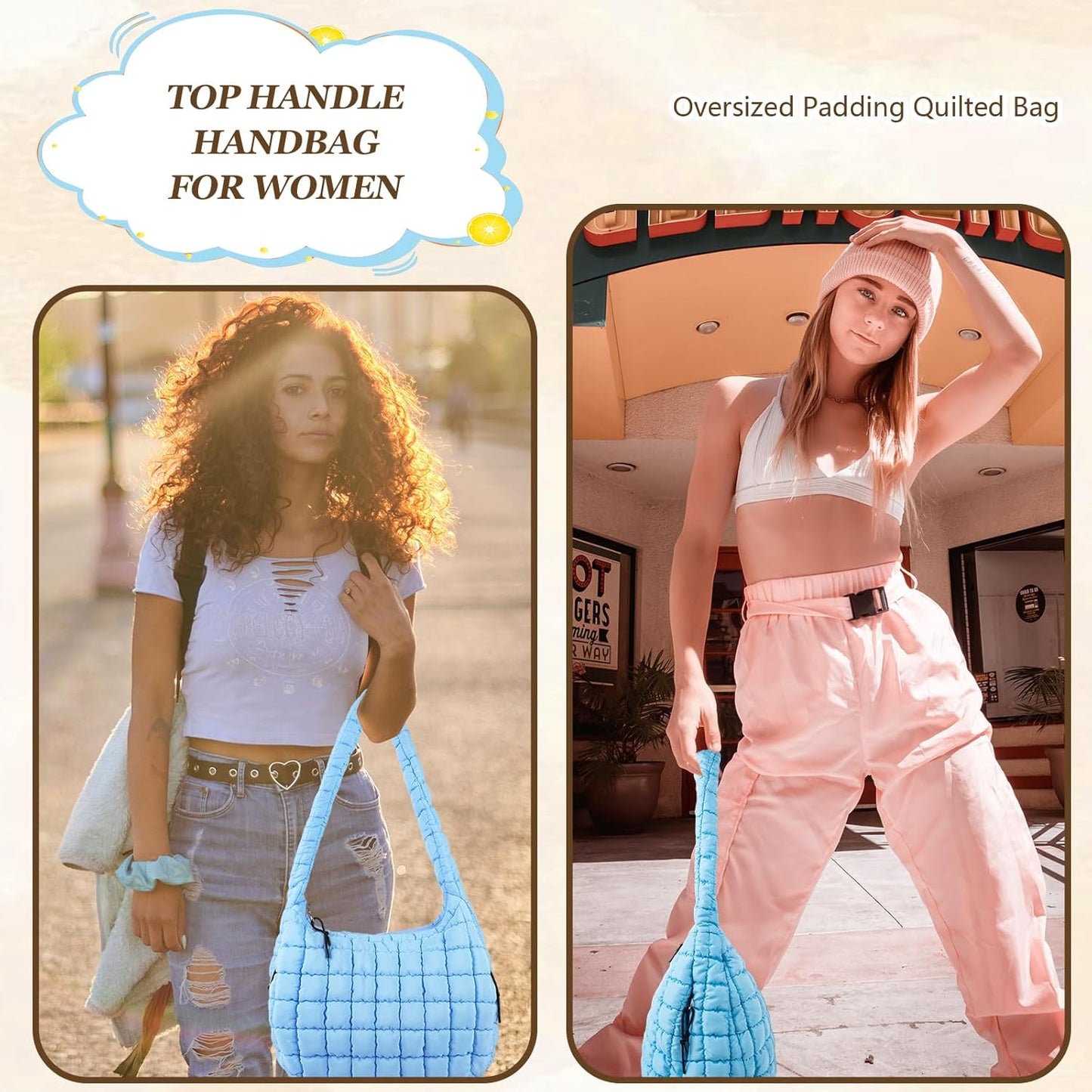 Quilted Puffer Tote Bag Large Crossbody Shoulder Bag with Zipper, Nylon Hobo Oversized Handbag - PuriLite