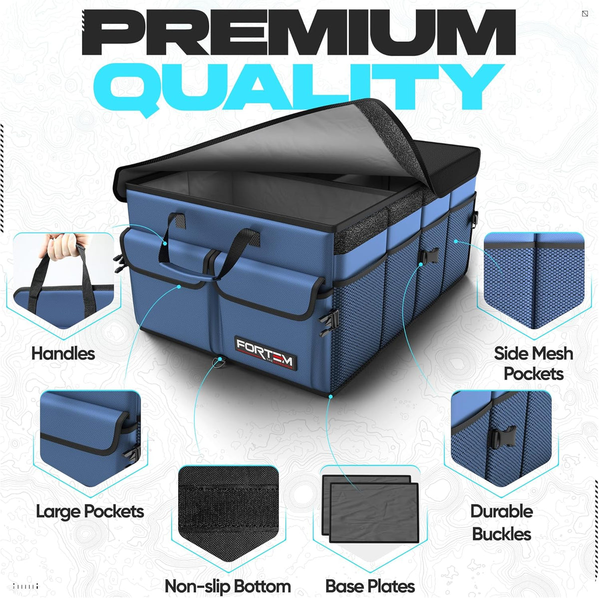 FORTEM Car Trunk Organizer, Collapsible Multi Compartment Car Organizer, Foldable SUV Storage for Car Accessories for Women Men, Non Slip Bottom, Securing Straps, Soft Cover 50L (Black, Standard) - PuriLite