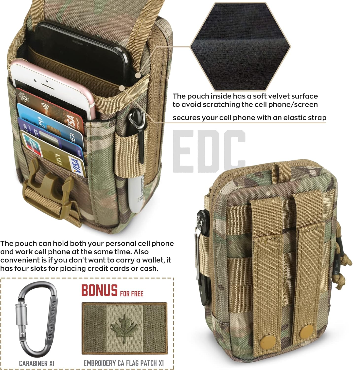 WYNEX Tactical Compass Phone Pouch, Large Molle Smartphone Holster Case Double Capacity Small Utility EDC Pouch with Compass Buckle and Carabiner - PuriLite