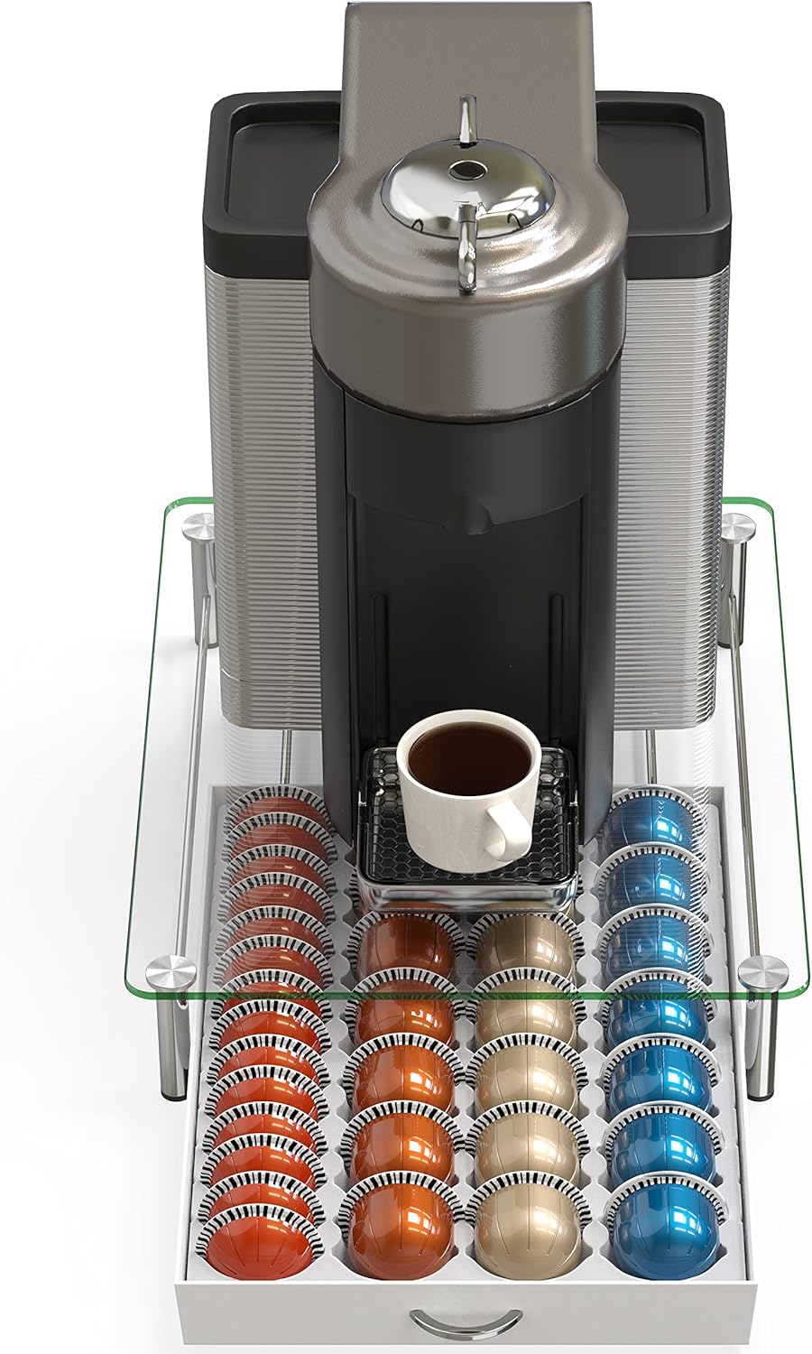 DecoBrothers Vertuo Pod Holder VertuoLine Drawer Storage for Nespresso Coffee Capsules, Crystal Tempered Glass, White - PuriLite