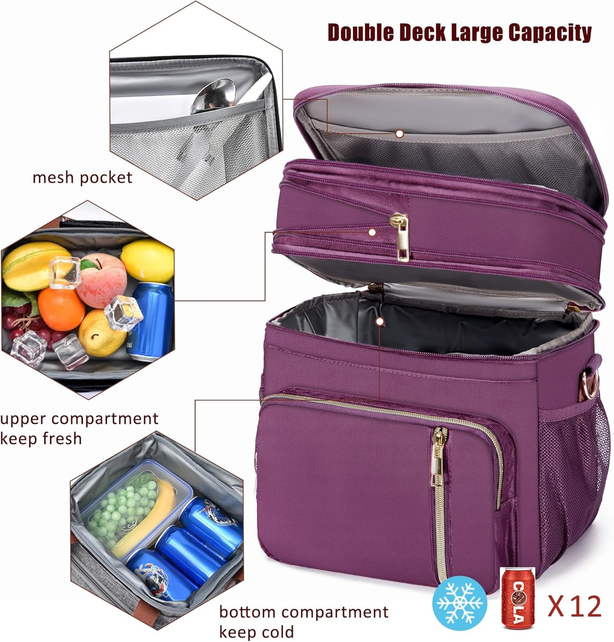 Lunch Bag for Women Men Double Deck Lunch Box - Leakproof Insulated Soft Large Lunch Cooler Bag, MIYCOO (Black,15L) - PuriLite