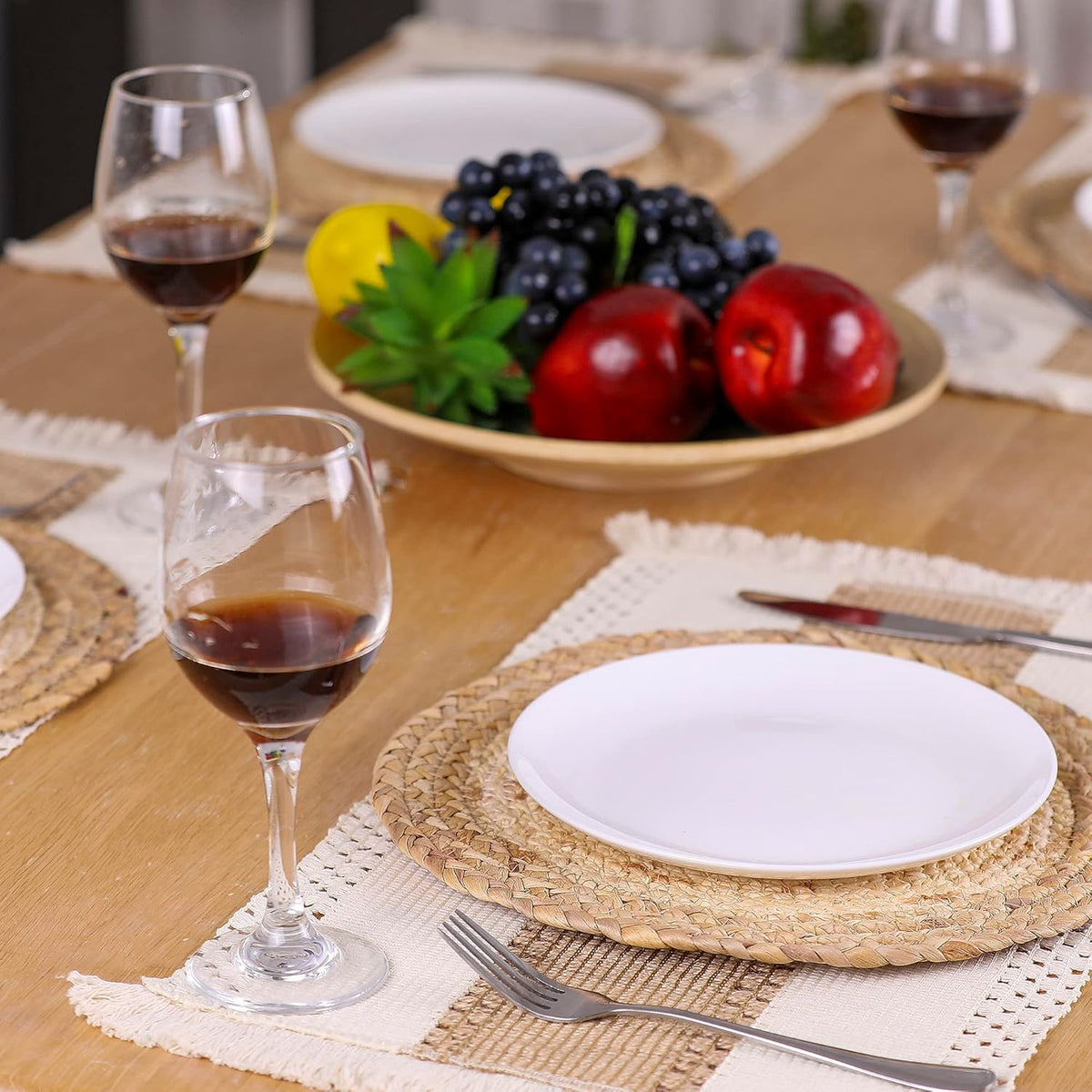 Zology Handmade Boho Placemats Set of 6 - Natural Cotton Burlap and Water Straw Woven Combination Table Mats, Macrame Décor and Farmhouse Style Placemats, for Dining Table Kitchen - PuriLite