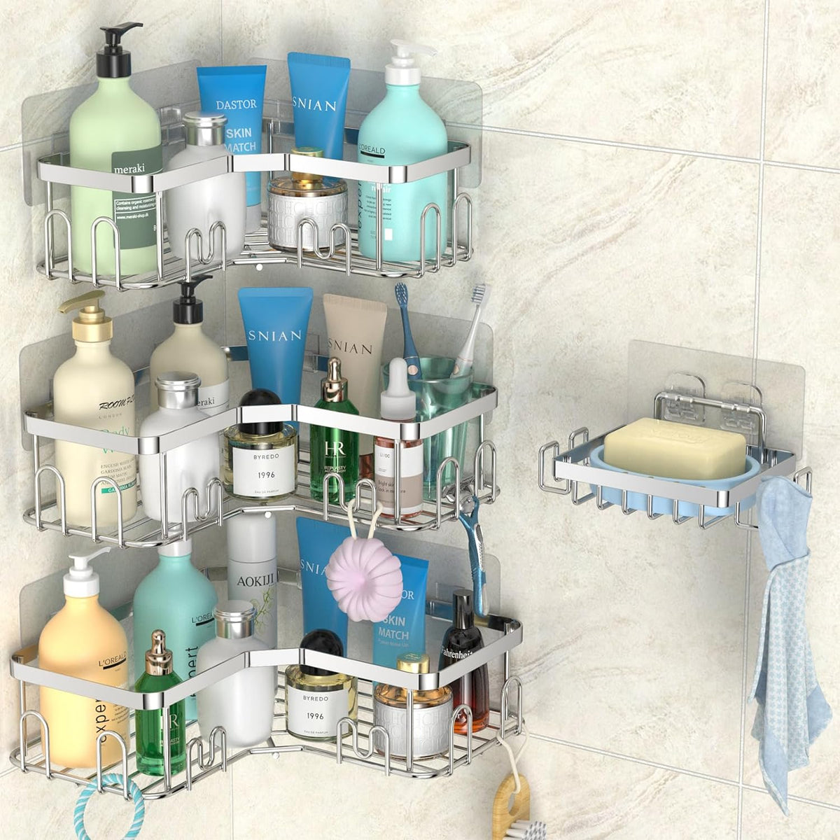 stusgo 4 Pack Corner Shower Caddy with Soap Holder, Adhesive Shower Shelves No Drilling, Rustproof Stainless Steel Bathroom Shower Organizer with Hooks, Shower Shelf for Inside Shower, Silver - PuriLite