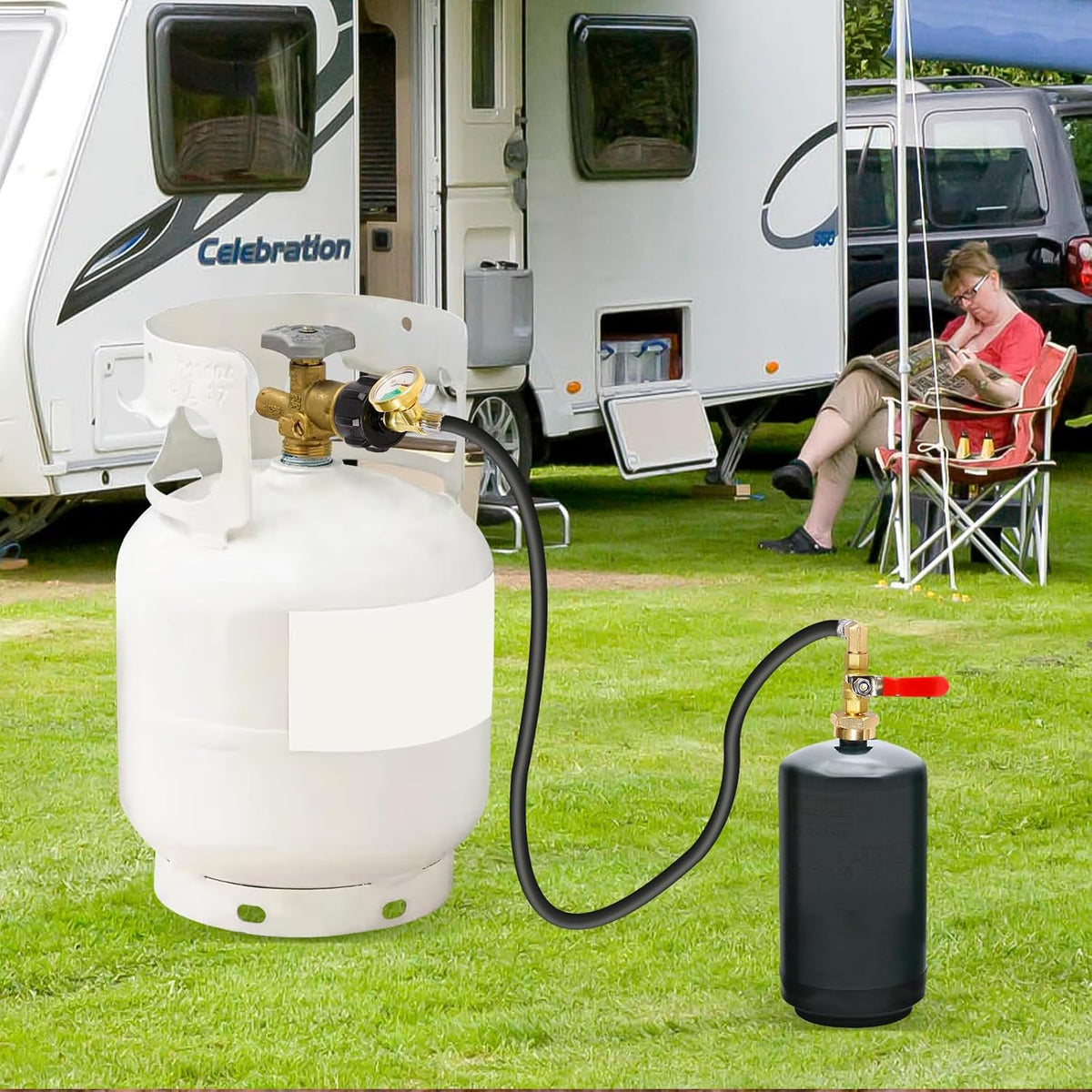 Propane Refill Adapter 20lb to 1lb Camping - 3FT/36inch Stainless Steel Hose with Gauge and ON-Off Control Valve - Fits QCC1 / Type1 Tank, 2 Caps Included - PuriLite