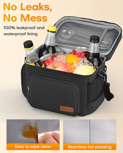 HOTOR Lunch Box for Men and Women - Leak-Proof Insulated Lunch Bag with Adjustable Shoulder Strap, Cooler Lunch Bag for Office, Picnic, Hiking, Beach, 1 Layer, Black, 11.0" x 7.1" x 8.3" - PuriLite