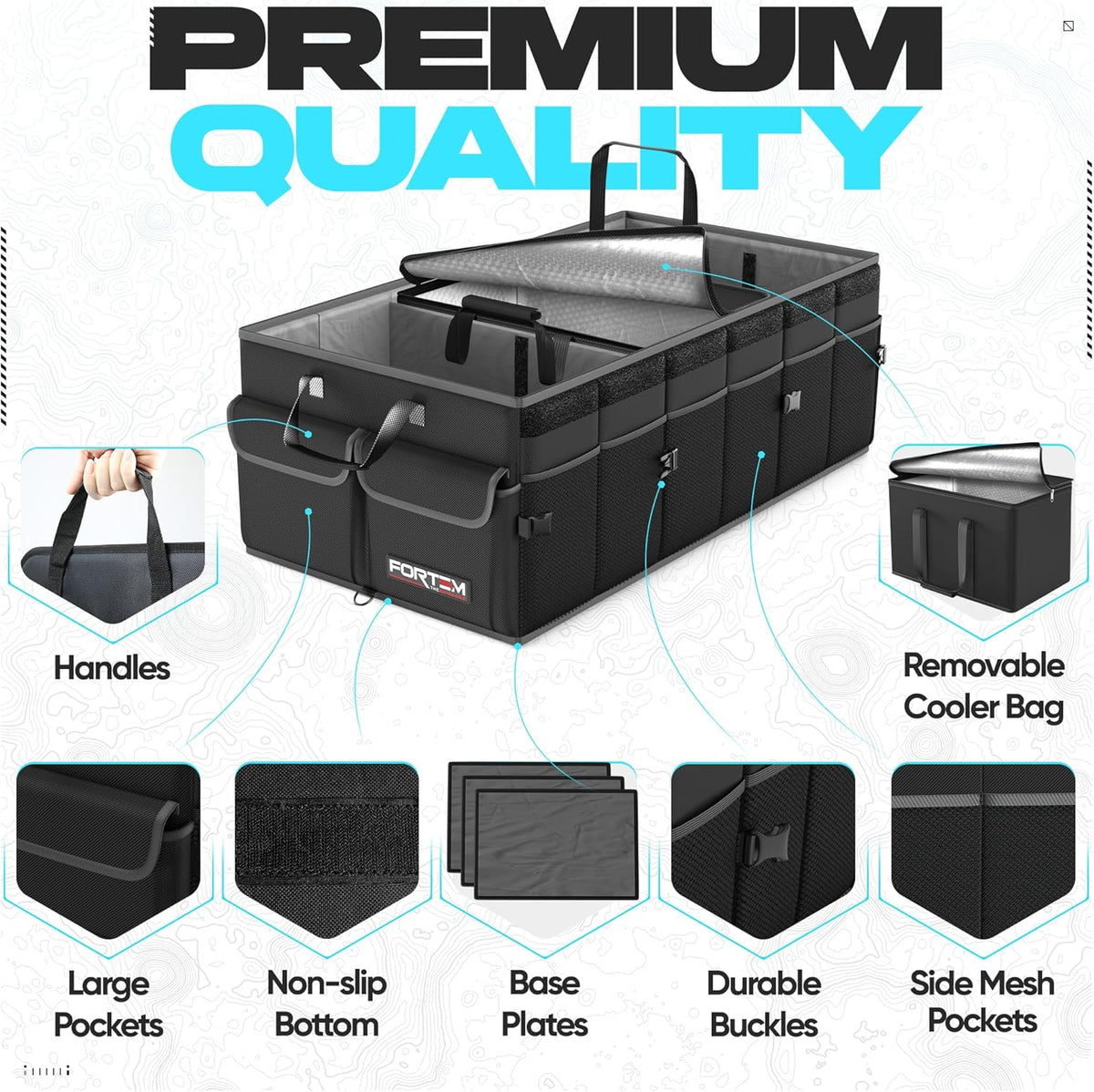 FORTEM Car Trunk Organizer, Collapsible Multi Compartment Car Organizer, Foldable SUV Storage for Car Accessories for Women Men, Non Slip Bottom, Securing Straps, Soft Cover 50L (Black, Standard) - PuriLite