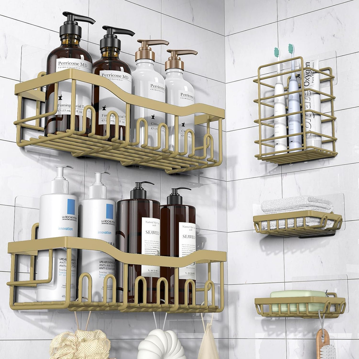 EUDELE 5-Pack Rustproof Stainless Steel Shower Caddy – No Drill Adhesive Bathroom Organizer with Large Capacity, Spacious Shower Shelves for Inside Shower, Kitchen & Home Decor Storage - PuriLite