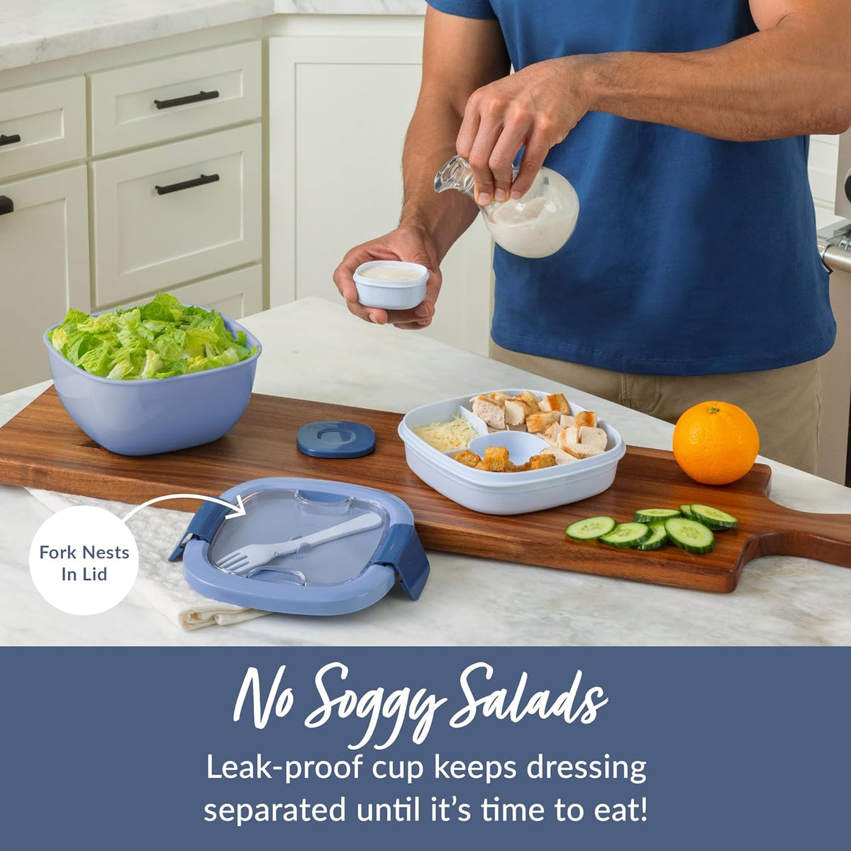 Bentgo Salad - Stackable Lunch Container with Large 54-oz Salad Bowl, 4-Compartment Bento-Style Tray for Toppings, 3-oz Sauce Container for Dressings, Built-in Reusable Fork & BPA-Free (Khaki Green) - PuriLite