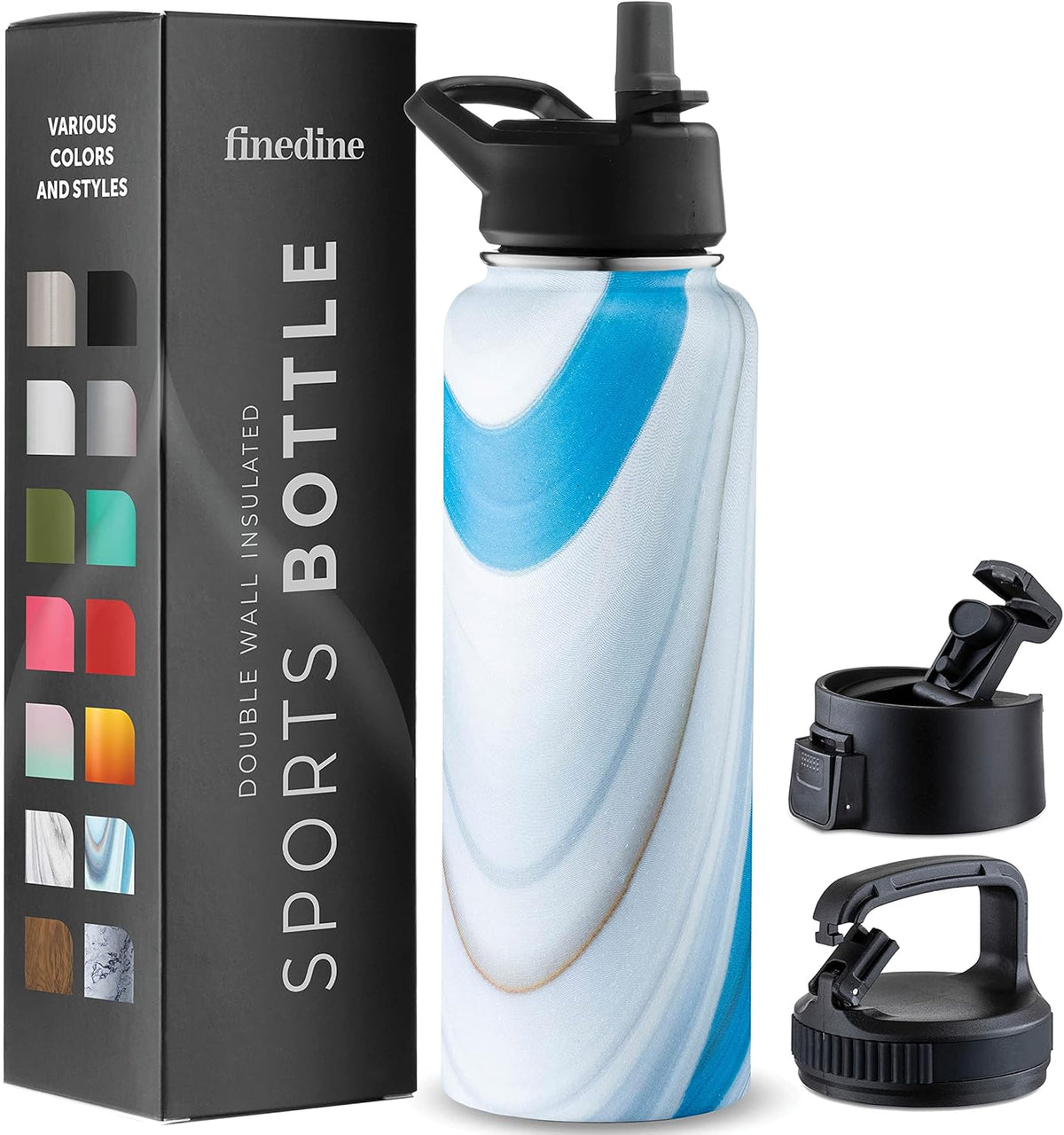 FineDine Water Bottle - Stainless Steel Insulated Water Bottle with Straw Lid, Flip Lid & Wide-Mouth Cap - Keeps Hot and Cold - 25 Oz / 739ml - Pure Pearly White - PuriLite