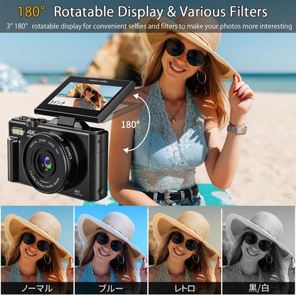4K Digital Camera - 64MP Point and Shoot Digital Cameras for YouTube - 3.0'' Flip Screen 18X Zoom AutoFocus Vlogging Camera for Photography - Compact Video Camera with 2 Batteries, 32G SD Card - PuriLite