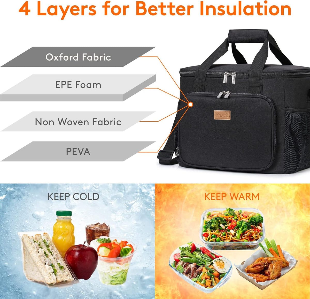 Lifewit Large Lunch Bag for Adults, 24-Can 15L Insulated Lunch Box Leakproof Soft Cooler Cooling Tote for Men Women, Waterproof Reusable Cooler Bags for Work Office Outdoor Picnic Camping, Black - PuriLite