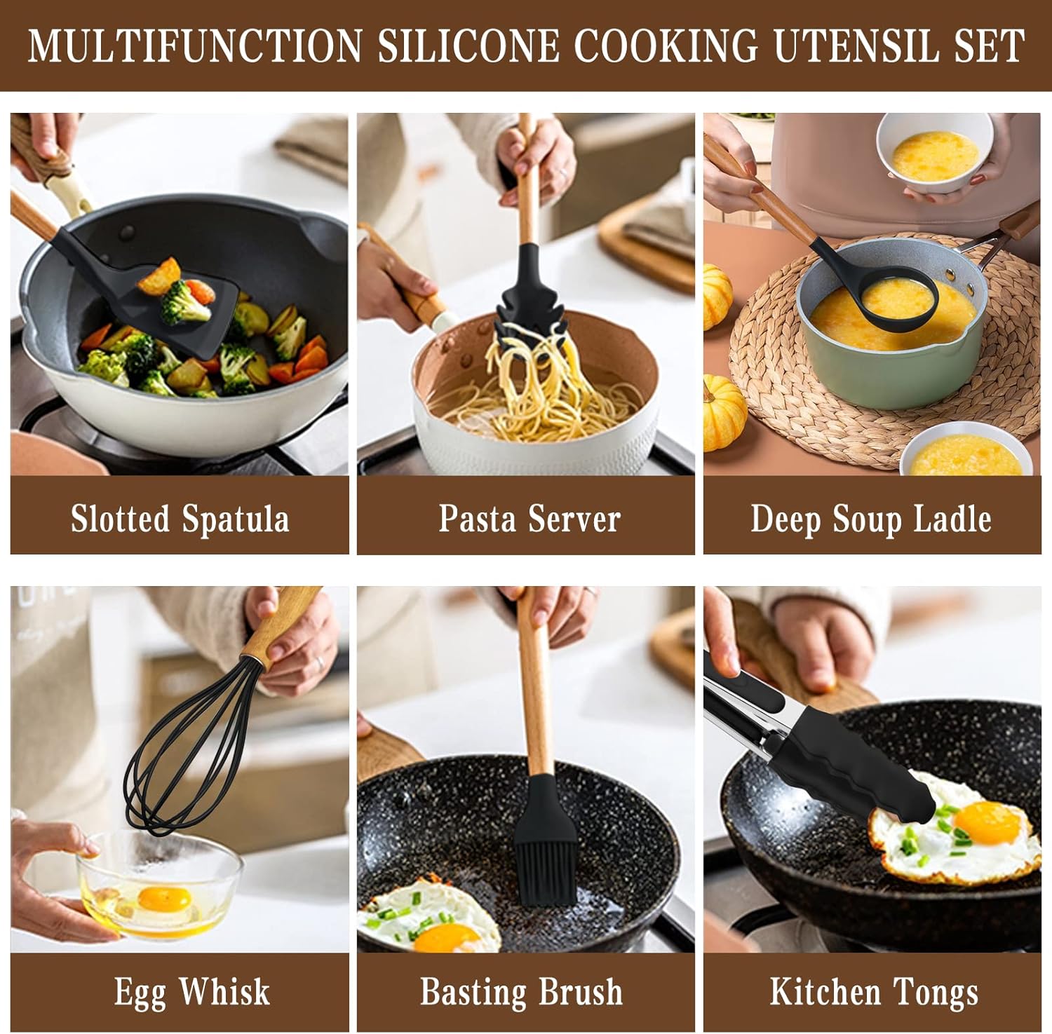 Umite Chef Kitchen Cooking Utensils Set, 33 pcs Non-Stick Silicone Cooking Kitchen Utensils Spatula Set with Holder, Wooden Handle Silicone Kitchen Gadgets Utensil Set (Khaki) - PuriLite