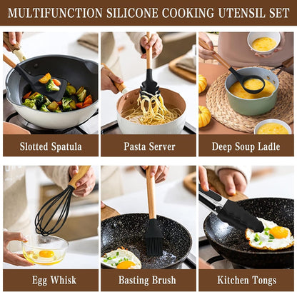 Umite Chef Kitchen Cooking Utensils Set, 33 pcs Non-Stick Silicone Cooking Kitchen Utensils Spatula Set with Holder, Wooden Handle Silicone Kitchen Gadgets Utensil Set (Khaki) - PuriLite