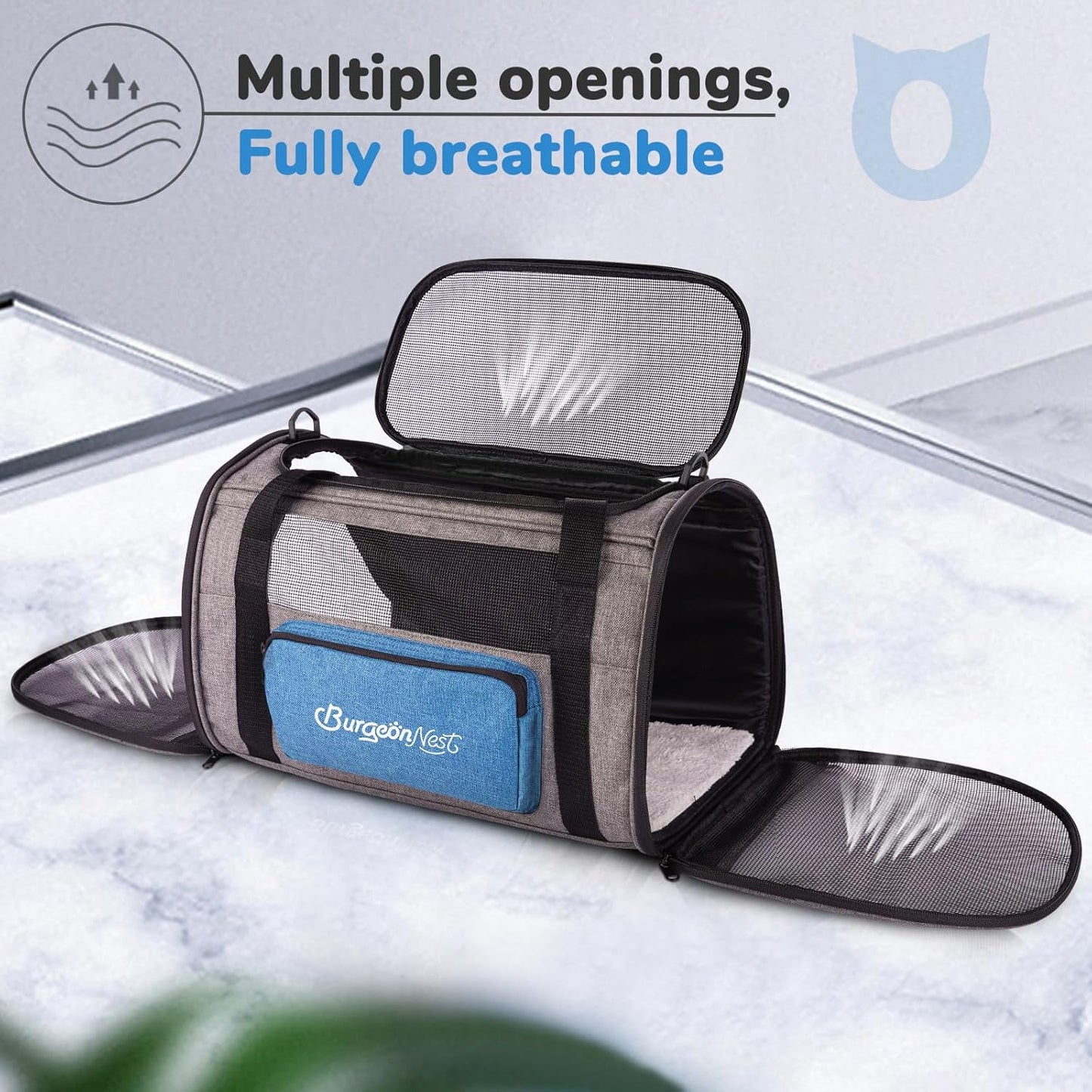 BurgeonNest Cat Carriers for Medium Cats Under 25 lbs, Pet Carrier for Cats with Unique Side Bag,Top Load Small Pet Carrier Soft-Sided Escape Proof with 4 Ventilated Windows - PuriLite