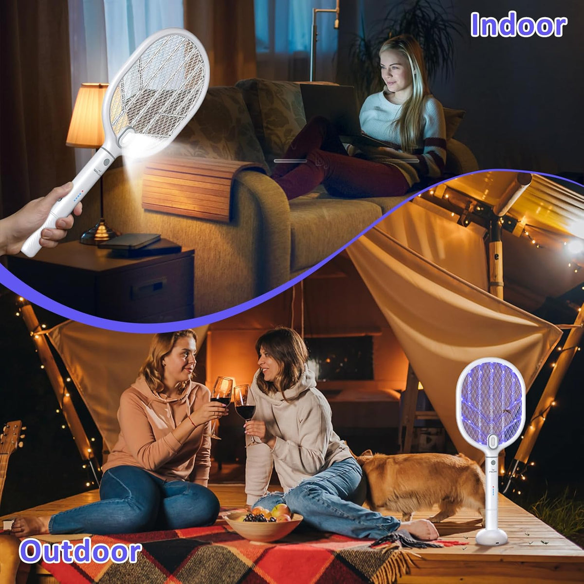 PALONE Bug Zapper Racket,Fly Swatter with Light, Detachable Dual Modes Fly Zapper for Indoor Outdoor (2 Pack) - PuriLite