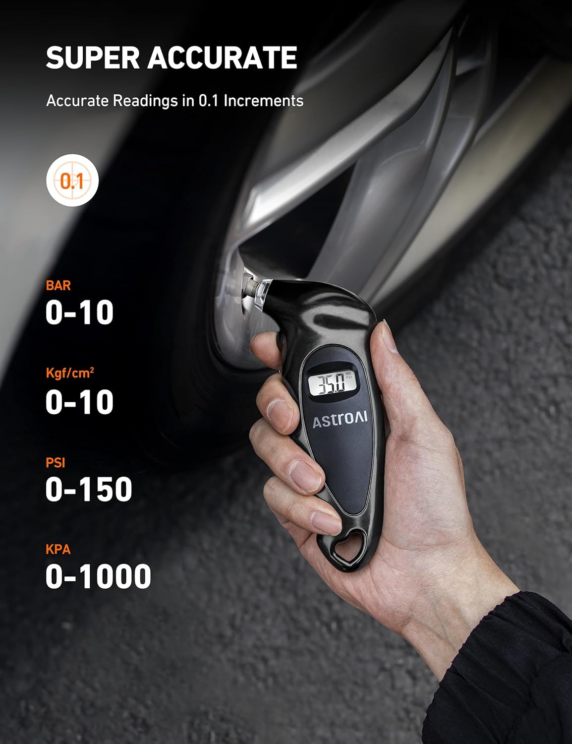 AstroAI Digital Tire Pressure Gauge with Replaceable AAA Batteries, 150 PSI 4 Settings Industrial Tire Gauge for Car Truck Bicycle Backlit LCD Non-Slip Grip Car Accessories(Black) - PuriLite