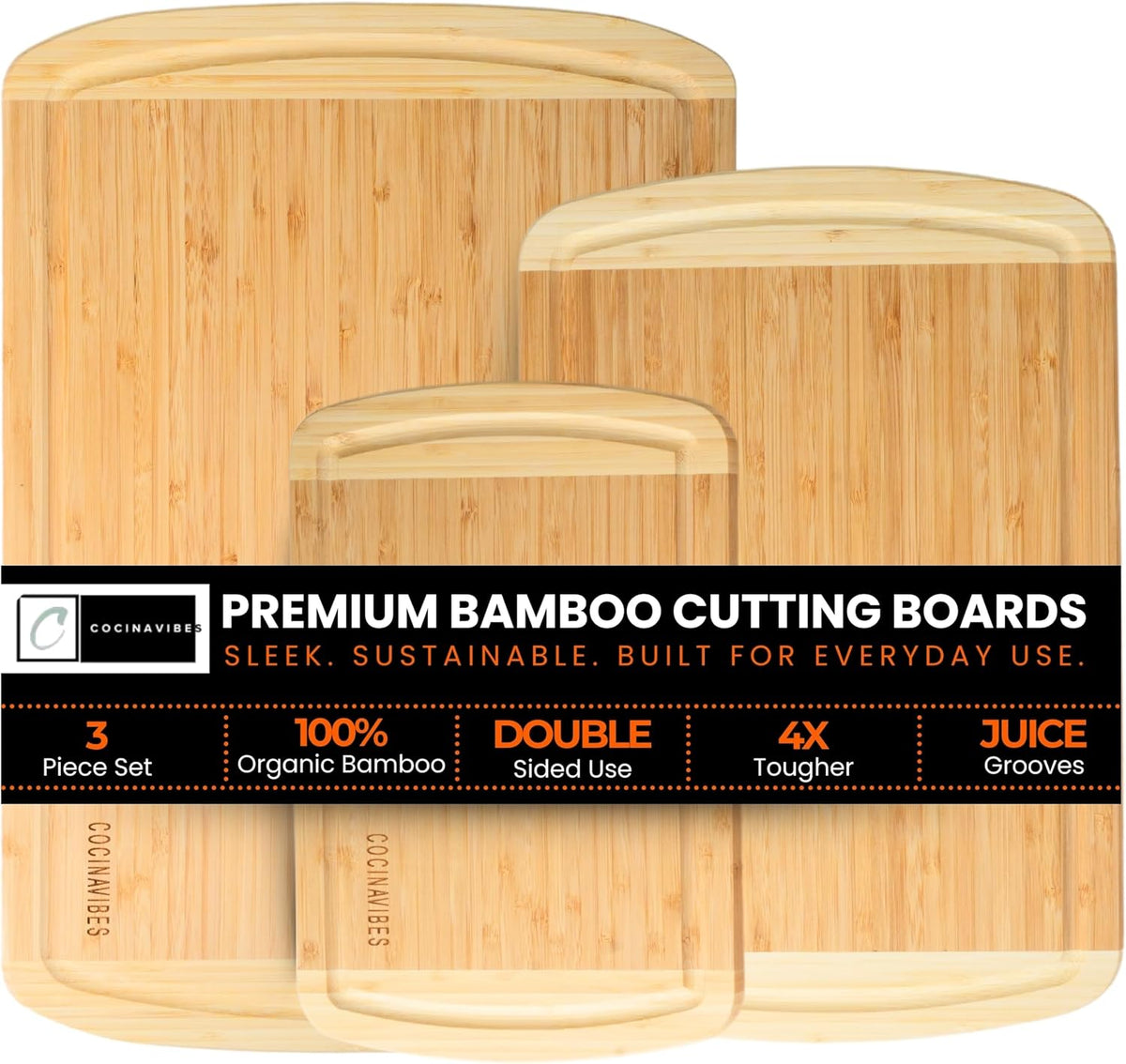 Bamboo Cutting Board Set – Non-Toxic Charcuterie & Chopping Boards for Kitchen, Large & Small Sizes, Safe Cutting Boards for Meat, Cheese, Pizza – Home & Kitchen Gift Idea - PuriLite