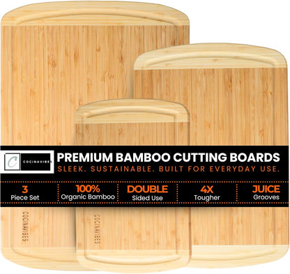 Bamboo Cutting Board Set – Non-Toxic Charcuterie & Chopping Boards for Kitchen, Large & Small Sizes, Safe Cutting Boards for Meat, Cheese, Pizza – Home & Kitchen Gift Idea - PuriLite