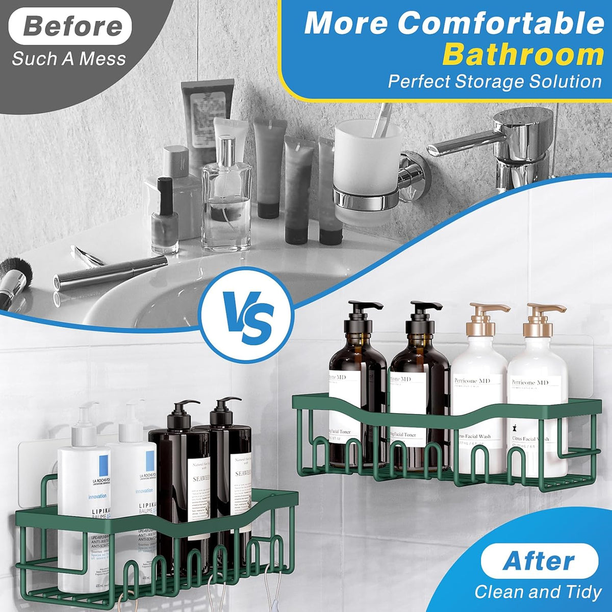 EUDELE 5-Pack Rustproof Stainless Steel Shower Caddy – No Drill Adhesive Bathroom Organizer with Large Capacity, Spacious Shower Shelves for Inside Shower, Kitchen & Home Decor Storage - PuriLite