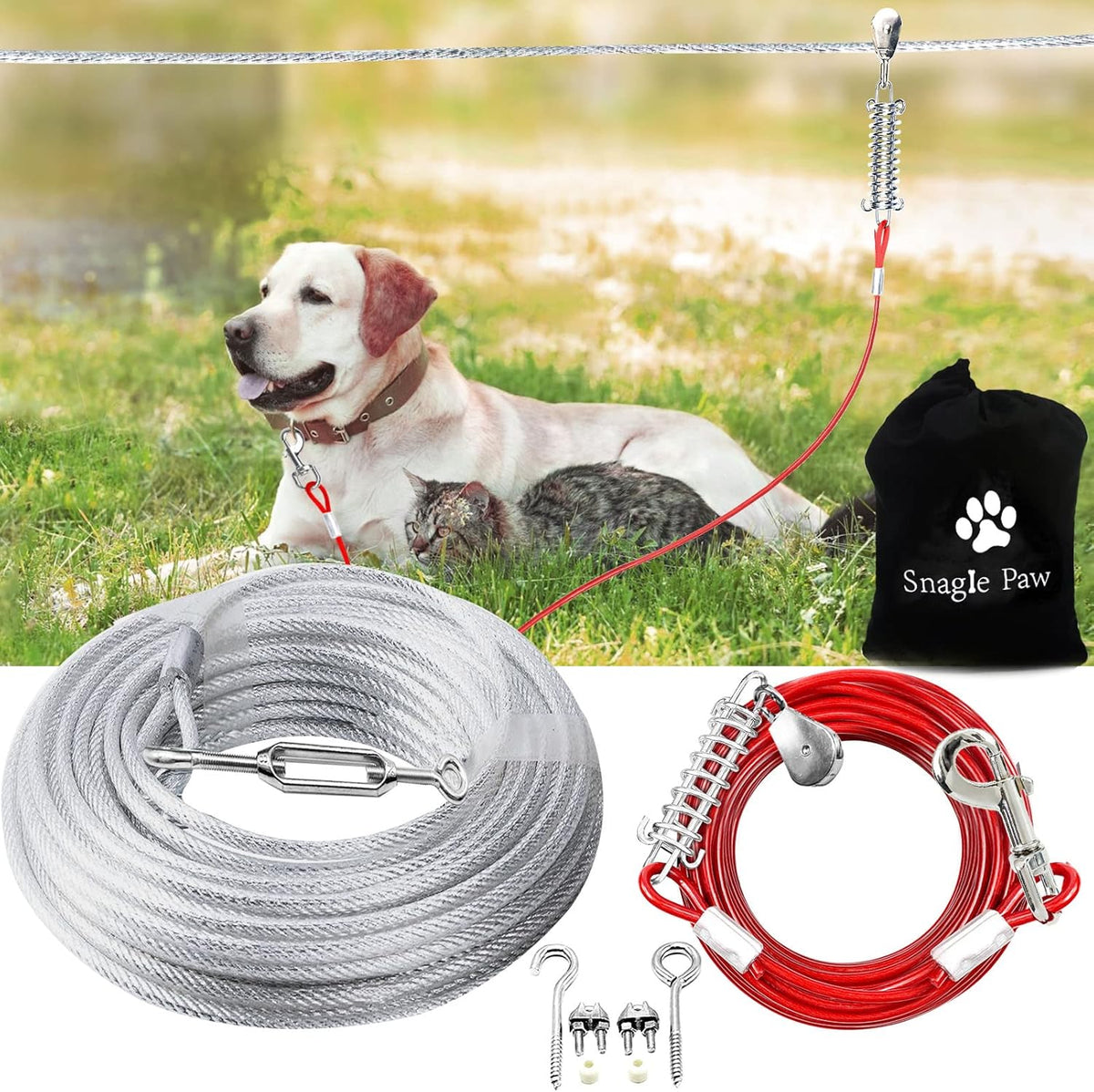 Snagle Paw Dog Tie Out Runner for Yard,Trolley System for Large Dogs,Heavy Duty Dog Run Cable with 10ft Pulley Runner Line for Dogs Up to 125lbs,Yard or Camping,75ft - PuriLite