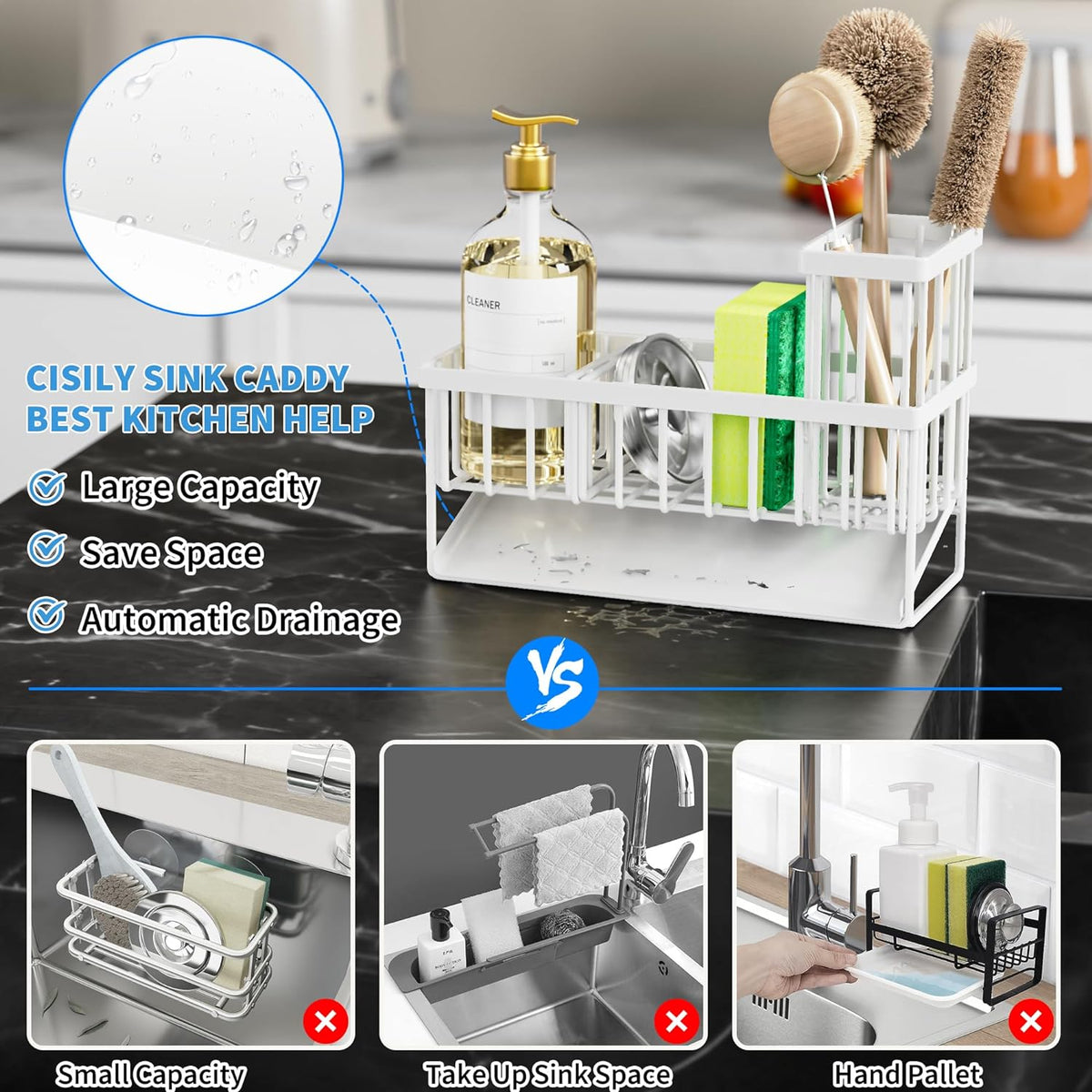 Cisily Kitchen Sink Caddy Organzier with High Brush Holder, Sponge Holder for Sink, 304 Rustproof Stainless, Kitchen Countertop Soap Dispenser Organizer, Kitchen Decor and Accessories (Black) - PuriLite