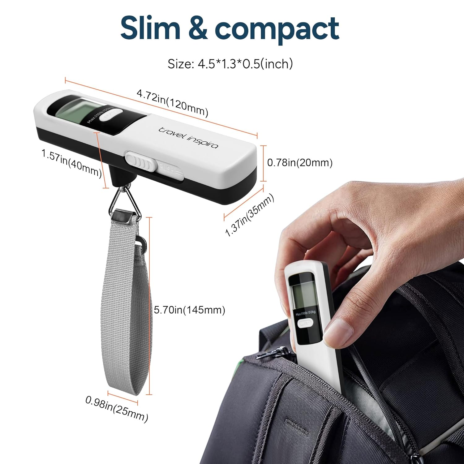 travel inspira Luggage Scale Battery-Free, Portable Handheld Digital Suitcase Scale for Travelling, 110lbs/50kg - PuriLite