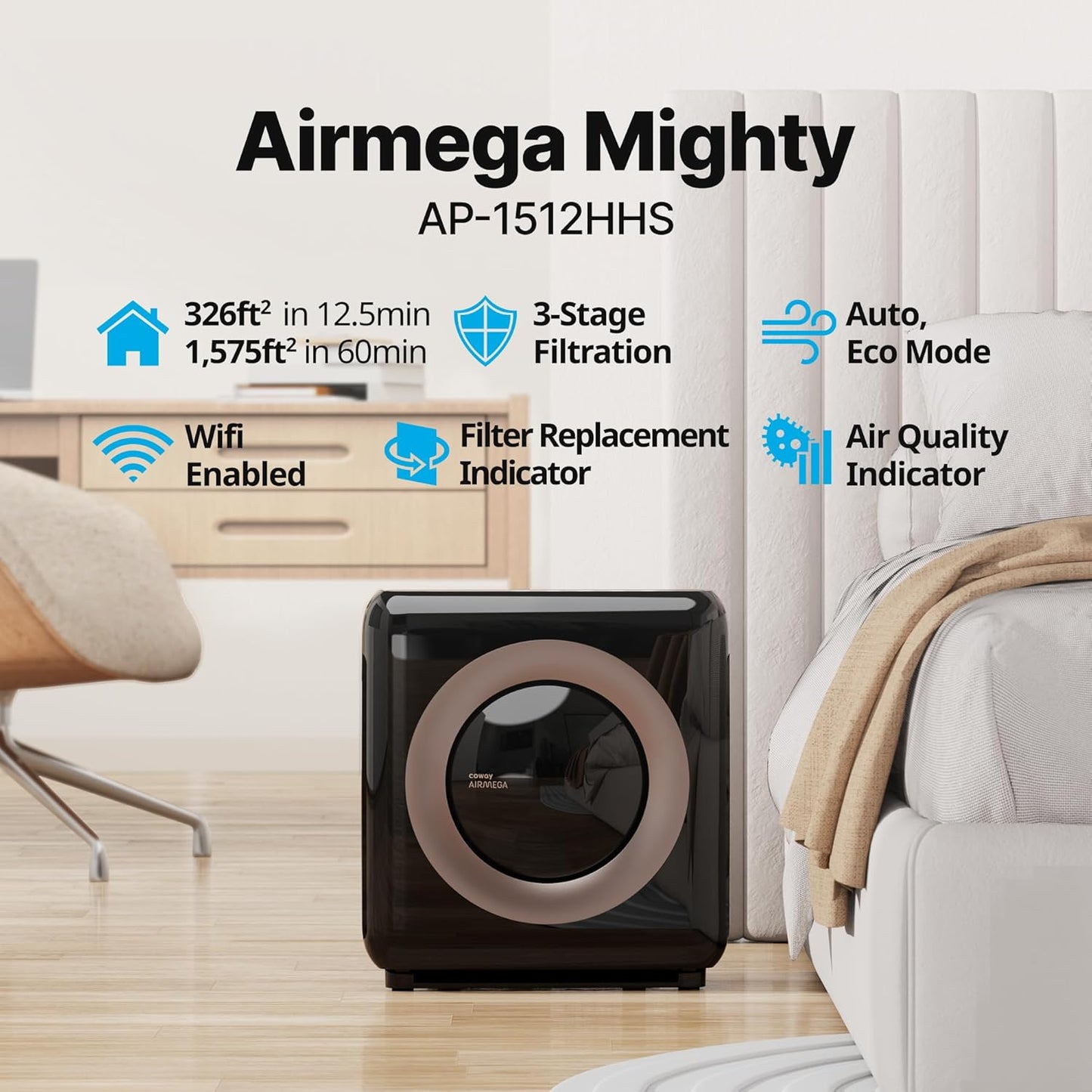 Coway Airmega AP-1512HH True HEPA Air Purifier with Air Quality Monitoring, Auto Mode, Timer, Filter Indicator, Eco Mode - PuriLite